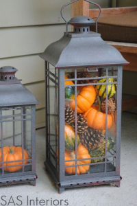 Fall Lanterns with pumpkins, gourds and pine cones!
