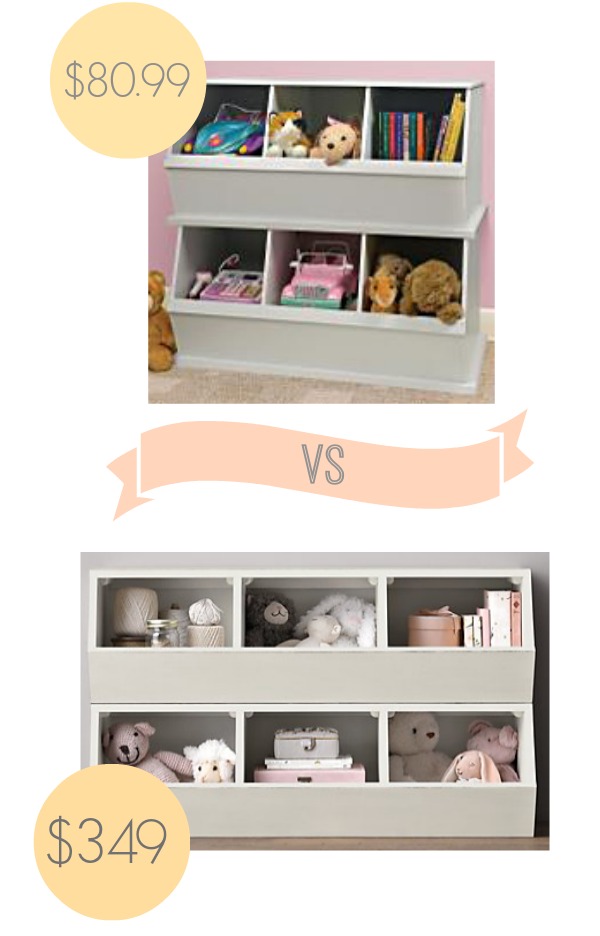Look alike storage bins from Restoration Hardware!  They're stackable and great for your kids room.  Inexpensive and cute!