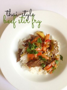 This Thai-style beef stir fry is full of flavors and is a great recipe for getting lots of vegetables to your family in a quick amount of time.