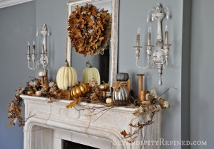 Natural neutral French country fall mantel idea