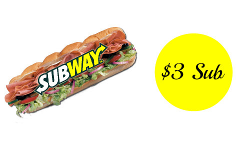 Subway: 6 Inch Sub for $3