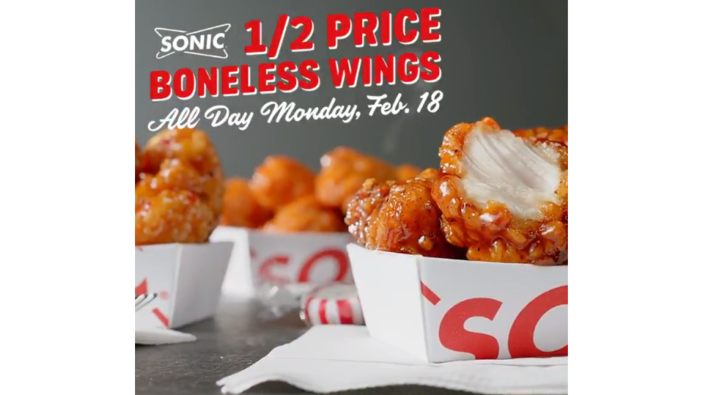 1/2 Price Boneless Wings at Sonic Southern Savers