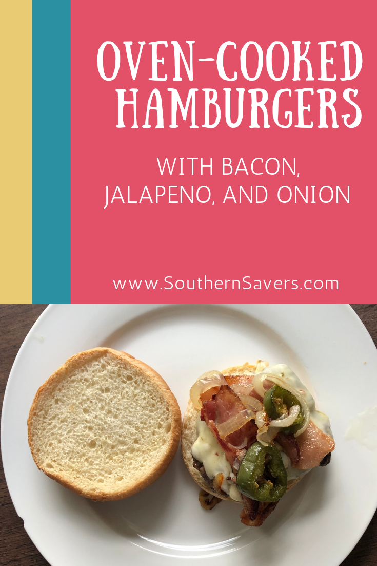 Don't have a grill? You can make these delicious oven hamburgers inside and prepare a spicy, savory topping of bacon, jalapeno and onion at the same time.