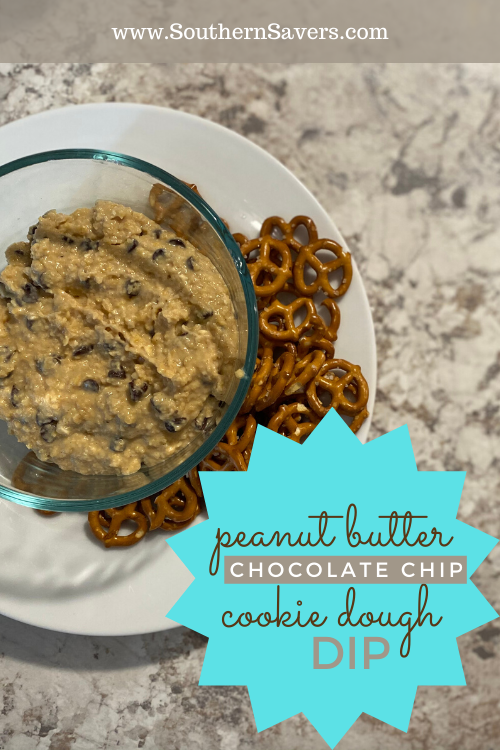 This peanut butter chocolate chip cookie dough dip is the perfect weekday snack for hungry kids! Serve with apples or pretzels for a sweet treat!