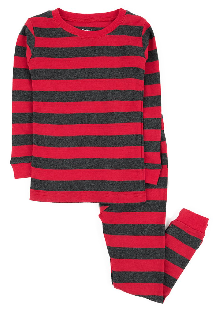 red and grey striped pajama set