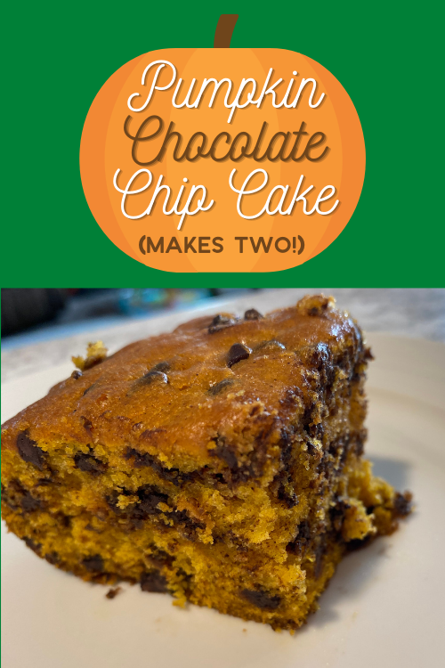 Enjoy the flavors of fall with this delicious pumpkin chocolate chip cake. The recipe makes two, so you can eat one now and freeze one for later!