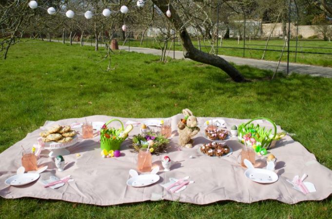 easter picnic blanket setup