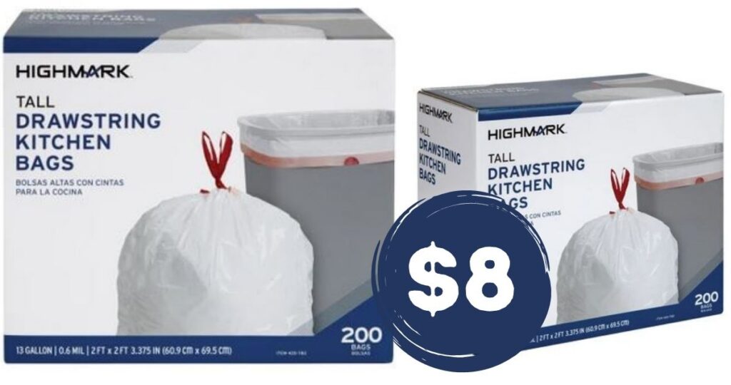 Highmark Tall Drawstring 13 Gallon Trash Bags 200-Ct for $8