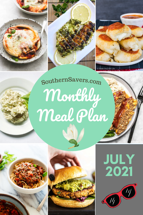Our monthly meal plan is here! This month, because of the hot weather, we're focusing on lighter meals with lots of fruits and vegetables!