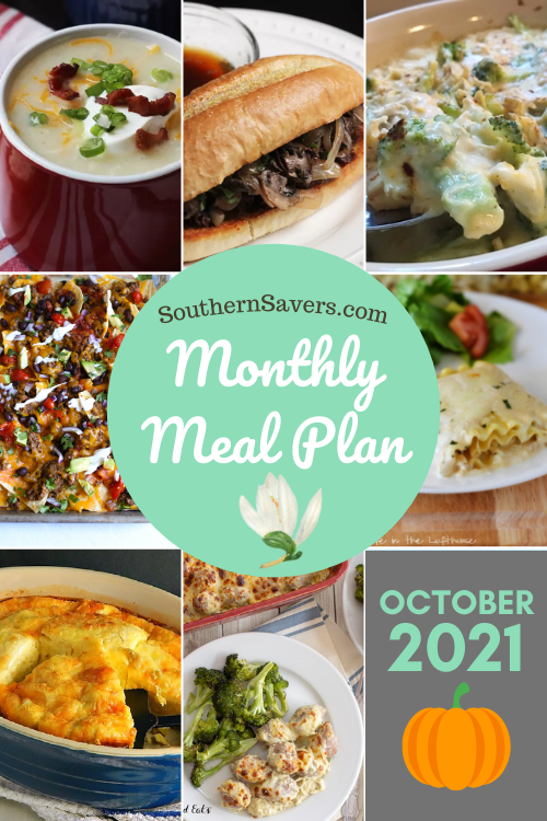 Here's your October 2021 FREE monthly meal plan, chock full of frugal and delicious recipes to enjoy as fall begins this year!