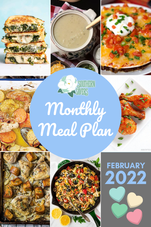 Take care of meal planning for this month with 28 days of meals planned. This February 2022 monthly meal plan is great kitchen inspiration!