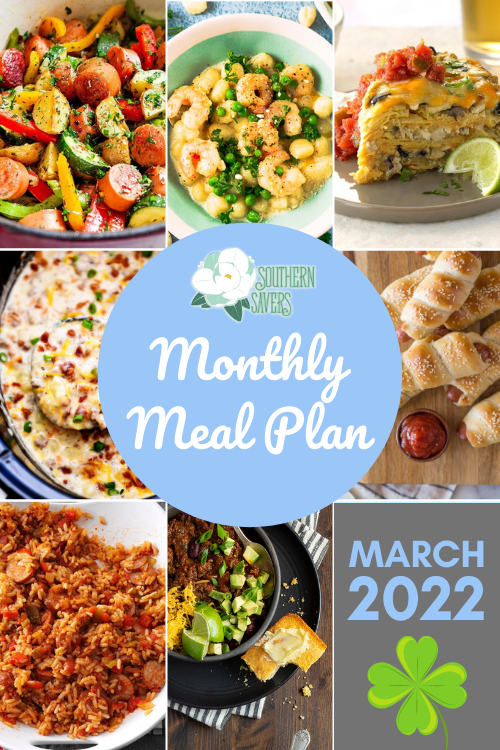 Enjoy a whole month's worth of free meal ideas with this monthly meal plan for March, including ideas for St. Patrick's Day! 