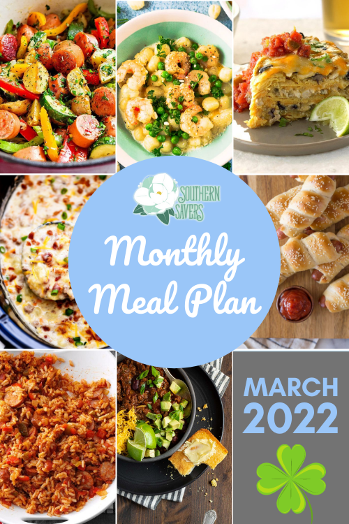 Enjoy a whole month's worth of free meal ideas with this monthly meal plan for March, including ideas for St. Patrick's Day!