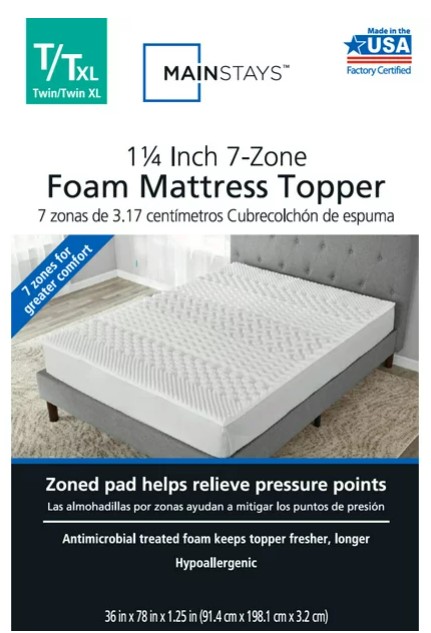 Mainstays 1.25 7-Zone Foam Mattress Topper, Twin/Twin-XL 