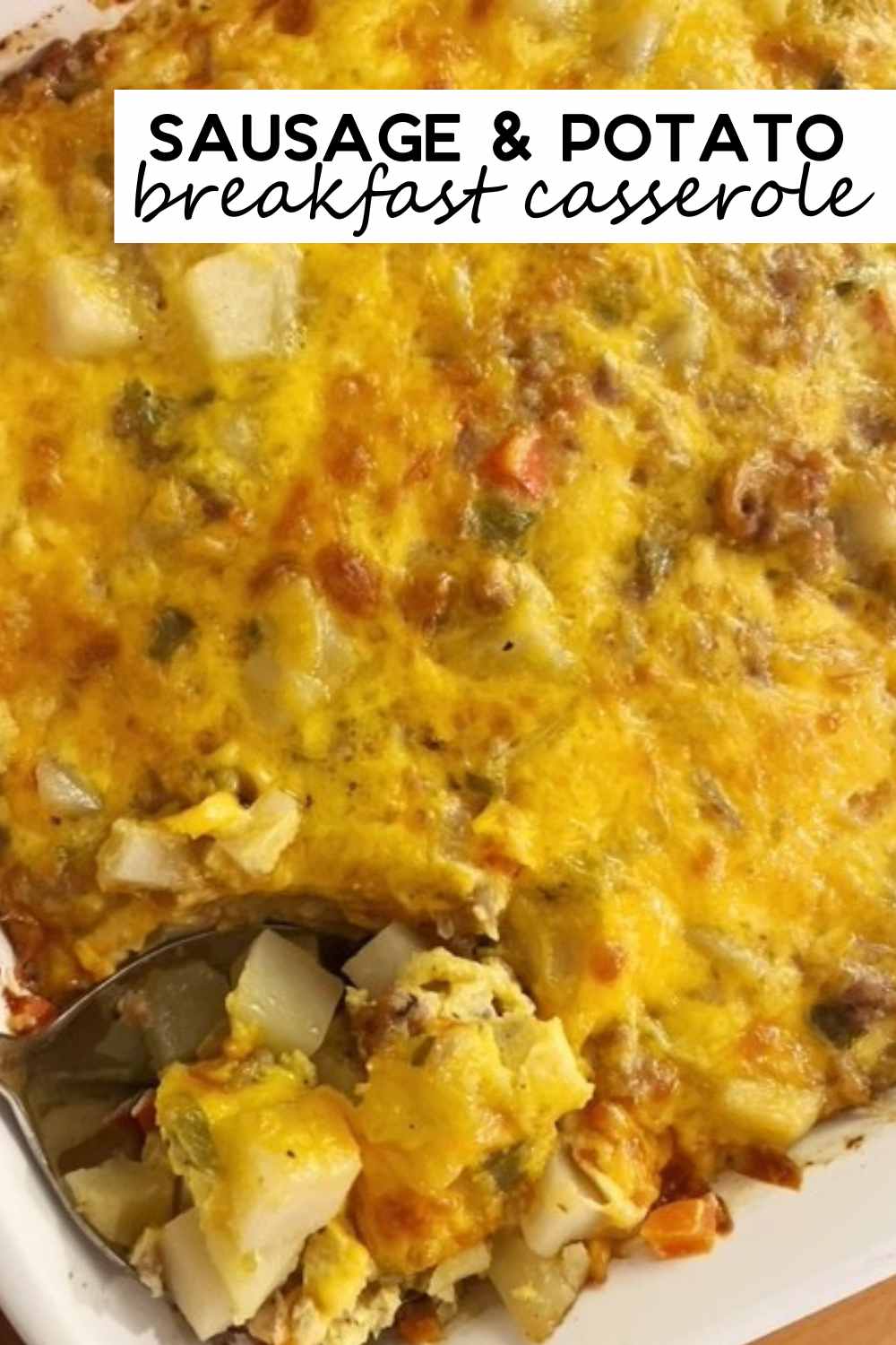 This sausage and potato breakfast casserole is so good and is great for a crowd! It's filled with tender potatoes, cheese, diced peppers, and ground sausage.