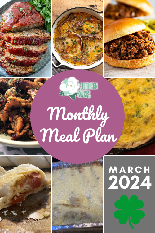 Join me as I clean out my pantry and freezer with my March 2024 monthly meal plan. Substitute what you need to get rid of and save money!