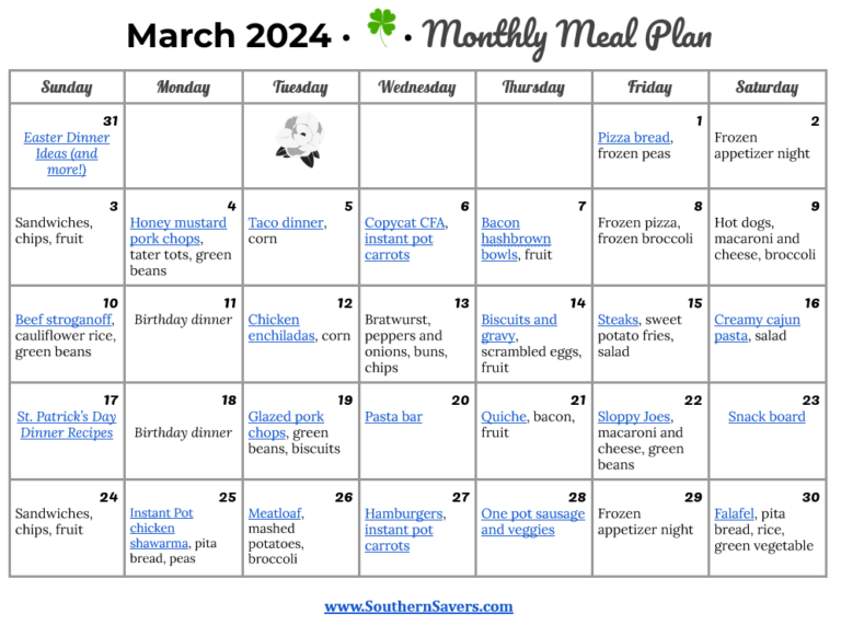 Southern Savers FREE March 2024 Monthly Meal Plan (Freezer/Pantry ...