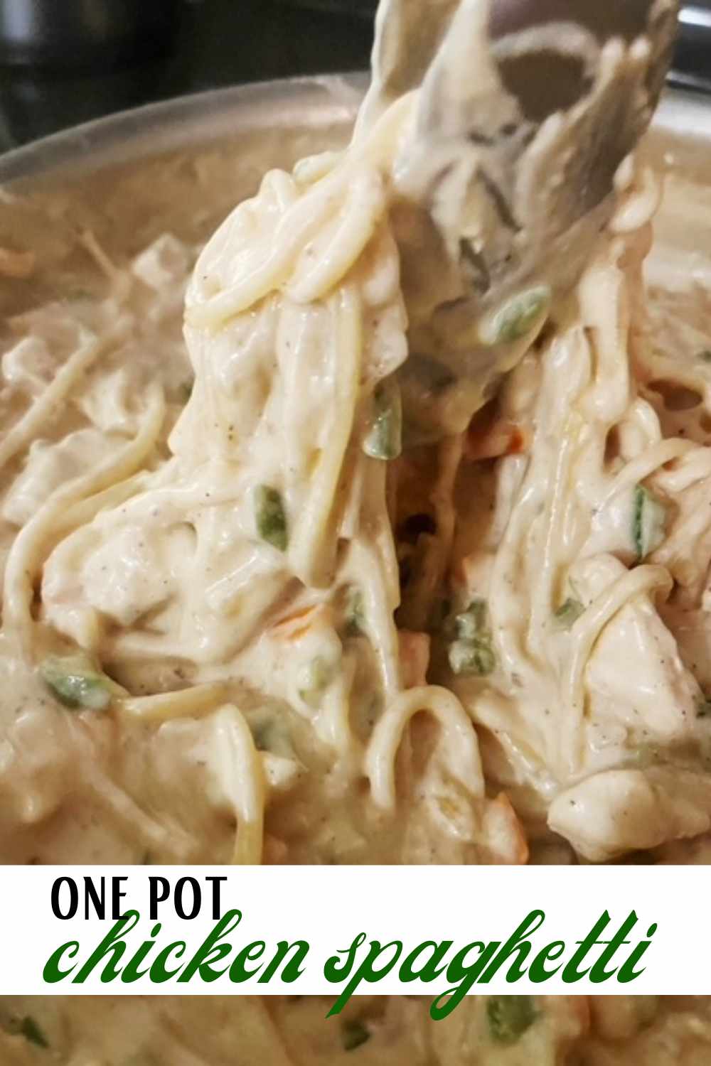 This recipe for one pot chicken spaghetti is delicious and great for weeknight family dinners! Plus, one pot equals less dishes.