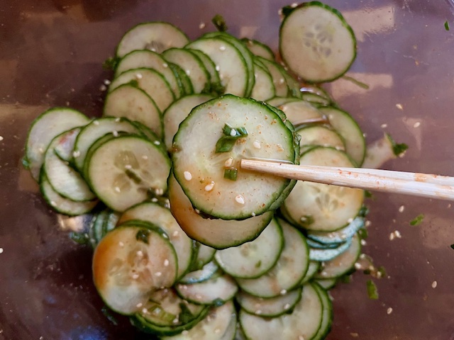 Try something new with this Korean cucumber salad recipe! It's a bit spicy, a bit sweet, and a bit tangy. The cucumbers are great on their own or alongside a stir fry!